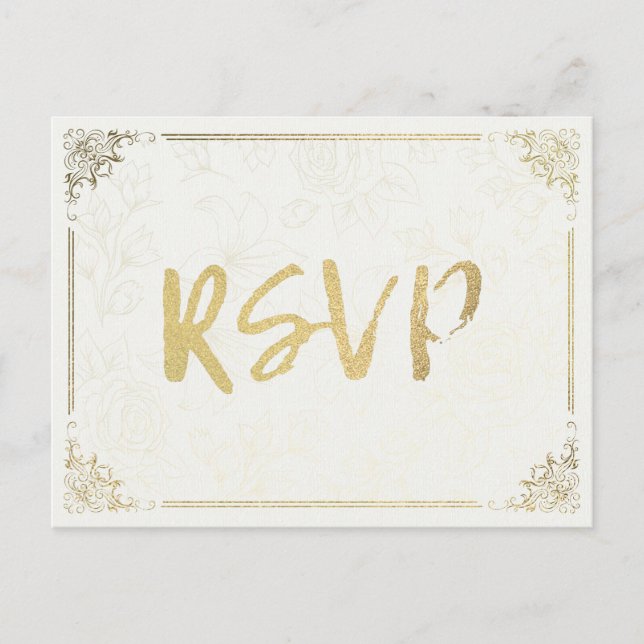 Moderne Gold Script Blumenrahmen Hochzeit RSVP Ant Einladungspostkarte (Vorderseite)