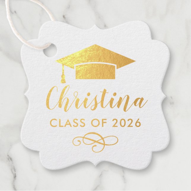 Moderne Gold Script Custom Foto Graduation Party Geschenkanhänger (Vorderseite)