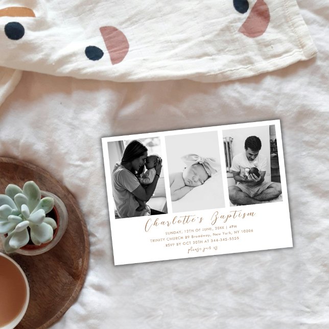 Moderne Gold Script Family Baby Foto Taufe Einladung (Modern Gold Script Family Baby Photo Baptism Invitation)