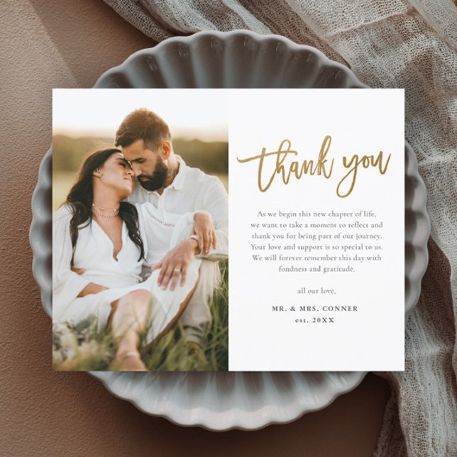 Moderne Gold Script Foto Hochzeit Vielen Dank Magnetkarte (Modern gold script wedding photo thank you magnetic card.)
