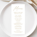 Moderne Gold Script Hochzeit Menükarte<br><div class="desc">Entspannen Sie bei einem Hochzeitsempfang mit unserem wunderschön gestalteten Hochzeitsmenü, das mit einem handgeschriebenen goldenen Drehbuch auf weißem Hintergrund besticht. Dieses moderne Design ist perfekt für Paare, die ein schlichtes und dennoch raffiniertes Aussehen suchen. Es lasse Ihnen, sich mit Ihren Namen, Ihrem Hochzeitstag und dem Menü-Angebot persönlich zu fühlen. Sein...</div>