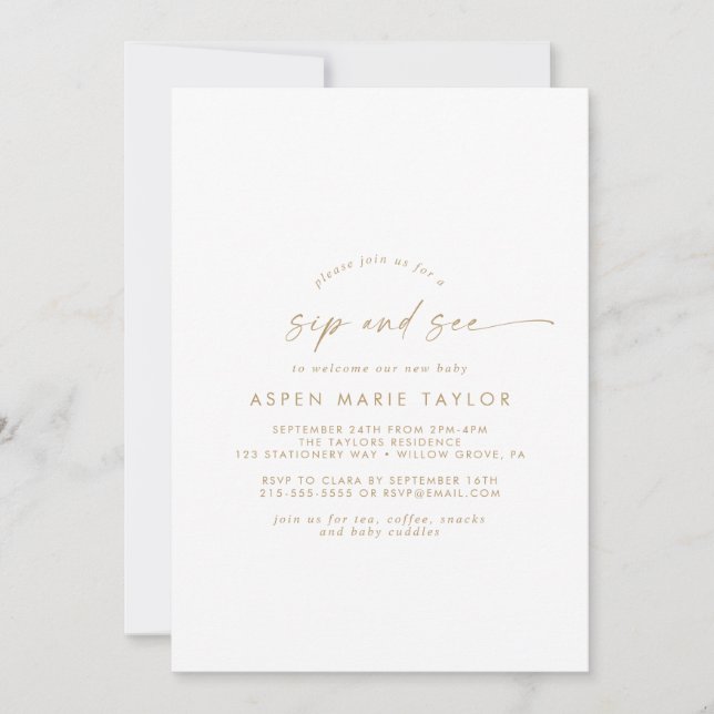 Moderne Gold Script Sip and See Einladung (Vorderseite)