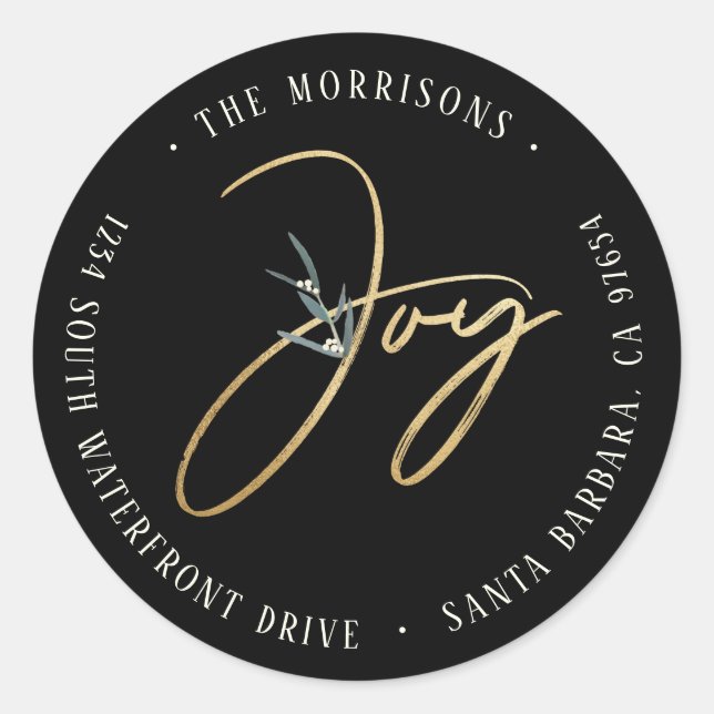 Moderne Gold Simple Joy Black Rücksendeadresse Runder Aufkleber (Vorderseite)