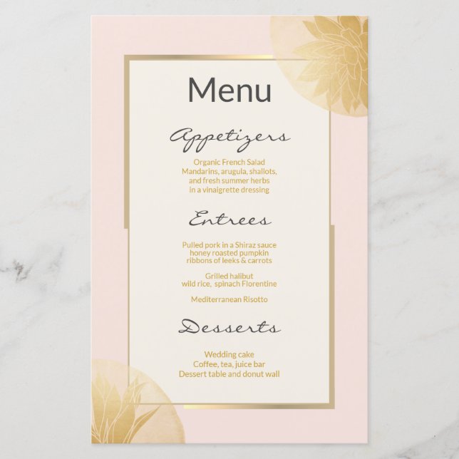 Moderne Gold Succulents Wedding Menu auf Blush (Vorderseite)