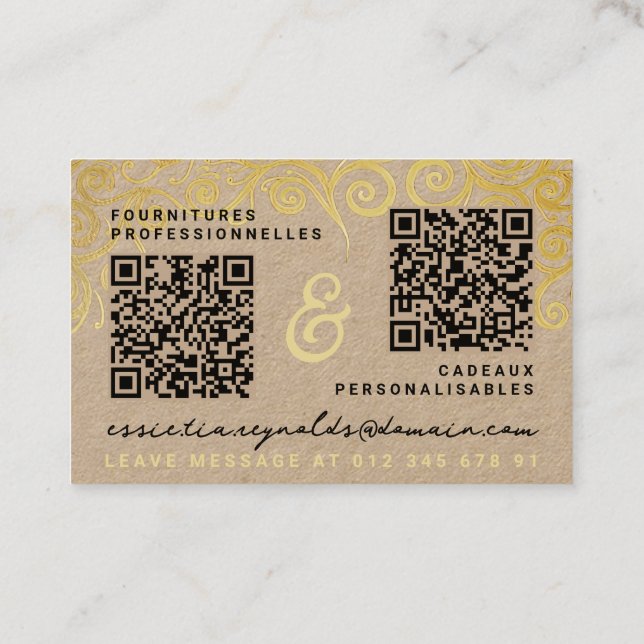 Moderne Gold Tan & Black Calligrafy Add 2 QR Codes Visitenkarte (Rückseite)