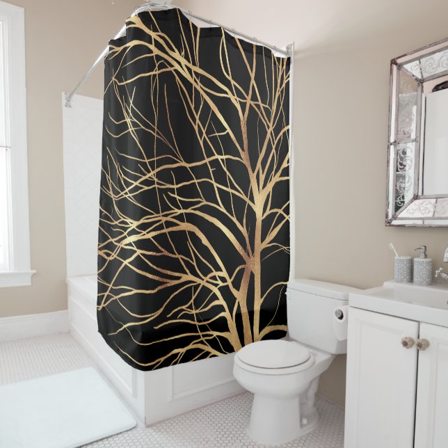 Moderne Gold Tree Silhouette Minimal Black Design  Duschvorhang (Beispiel)