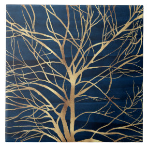 Moderne Gold Tree Silhouette Minimales blaues Desi Fliese