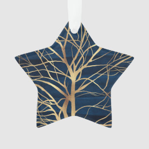 Moderne Gold Tree Silhouette Minimales blaues Desi Ornament
