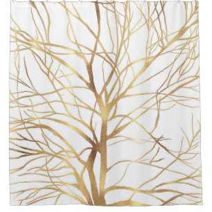 Moderne Gold Tree Silhouette Minimales Weißdesign Duschvorhang