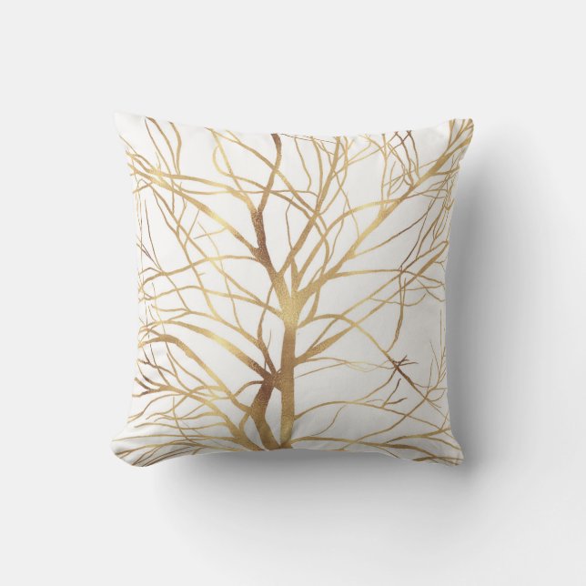 Moderne Gold Tree Silhouette Minimales Weißdesign Kissen (Vorderseite)