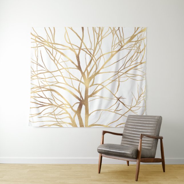 Moderne Gold Tree Silhouette Minimales Weißdesign Wandteppich (Beispiel (Horizontal))