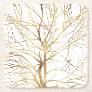 Moderne Gold Tree Silhouette Minimales Weißes Desi Rechteckiger Pappuntersetzer