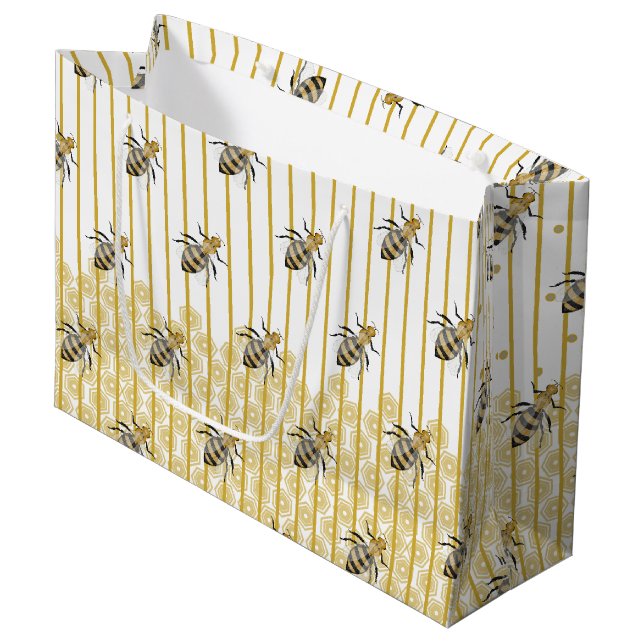 Moderne Gold- und Black Honey Bee Hive Große Geschenktüte (Vorderseite Schrägansicht)