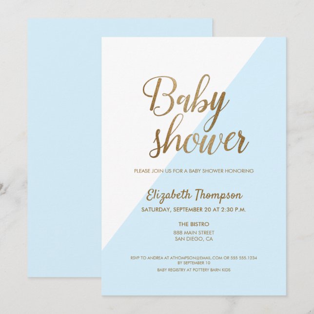 Moderne Gold und Blue Baby Boy Dusche Einladung Ca (Vorne/Hinten)
