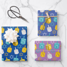 Moderne Gold- und Blue-Hanukkah-Dreidelsstars Geschenkpapier Set