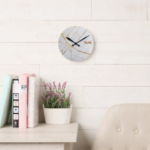 Moderne Gold- und Weißmarmor Minimalistischer Luxu Runde Wanduhr