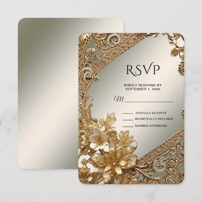 Moderne Gold Verziert-Blütenkarte RSVP Karte (Vorne/Hinten)