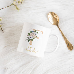 Moderne Gold-Wasserfarben-Blumen-Initiale F Mono Kaffeetasse