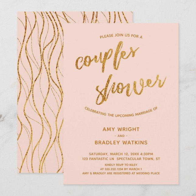 Moderne Gold Waves Handschrift Blush Couples Dusch Einladung (Vorne/Hinten)