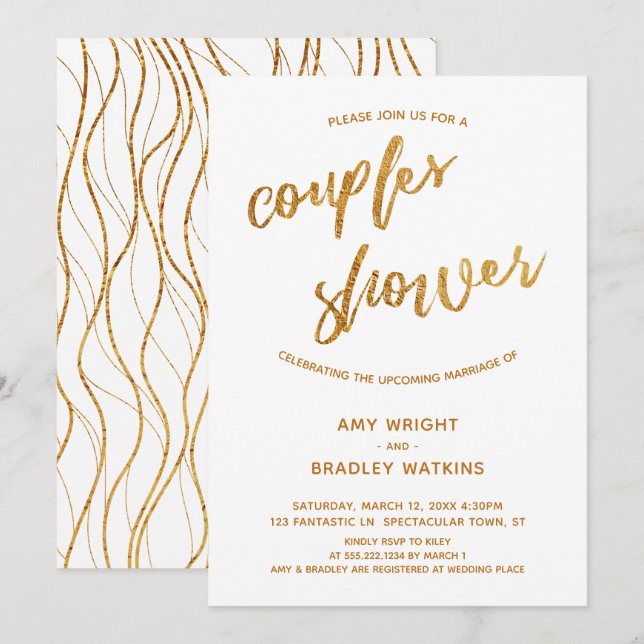 Moderne Gold Waves Handschrift White Couples Dusch Einladung (Vorne/Hinten)