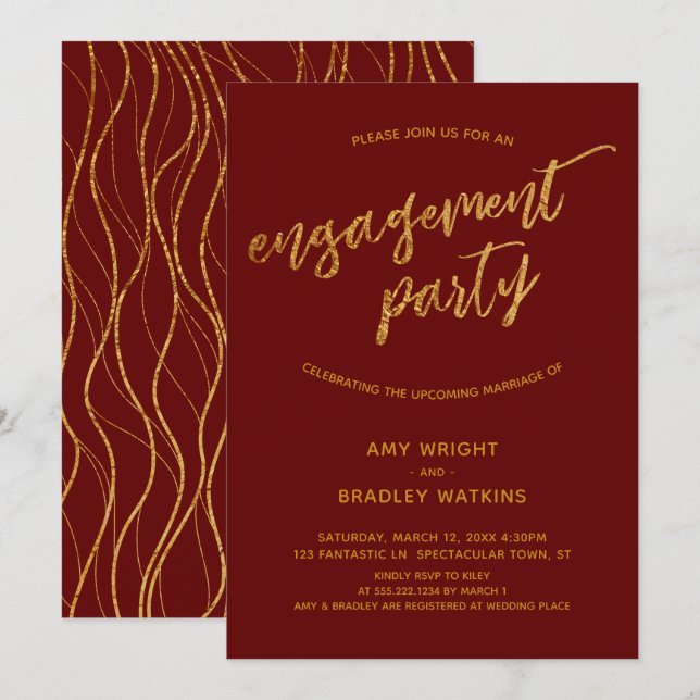 Moderne Gold Waves Handwriting Burgundy Verlobung Einladung (Vorne/Hinten)