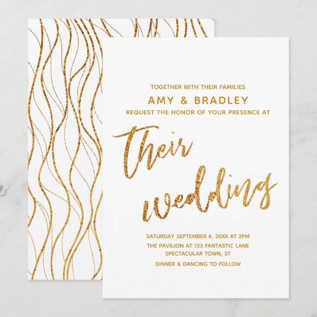 Moderne Gold Waves Handwriting White Wedding Einladung (Vorne/Hinten)