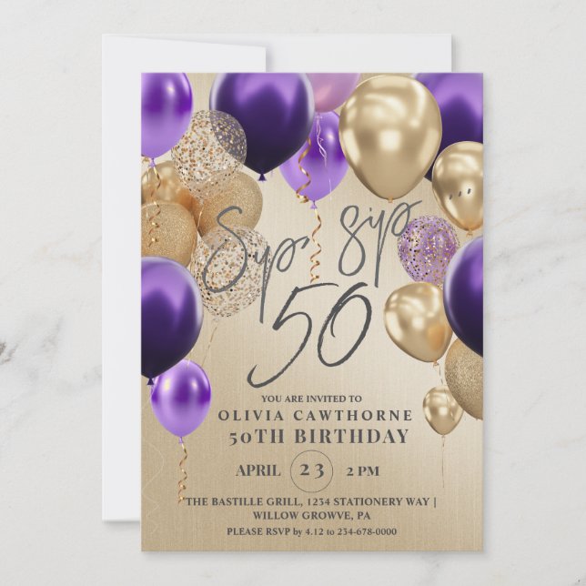 Moderne Goldballons Lila 50. Geburtstagsparty Einladung (Vorderseite)