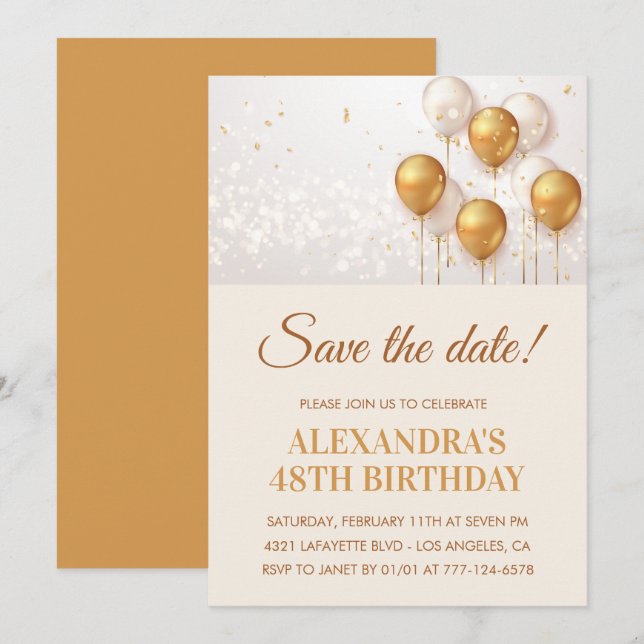 Moderne Goldballons Save the Date 48. Einladung (Vorne/Hinten)