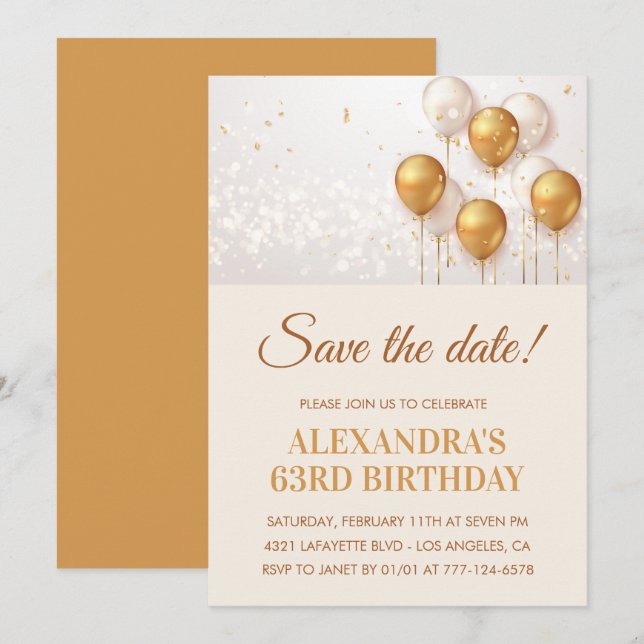 Moderne Goldballons Save the Date 63. Einladung (Vorne/Hinten)