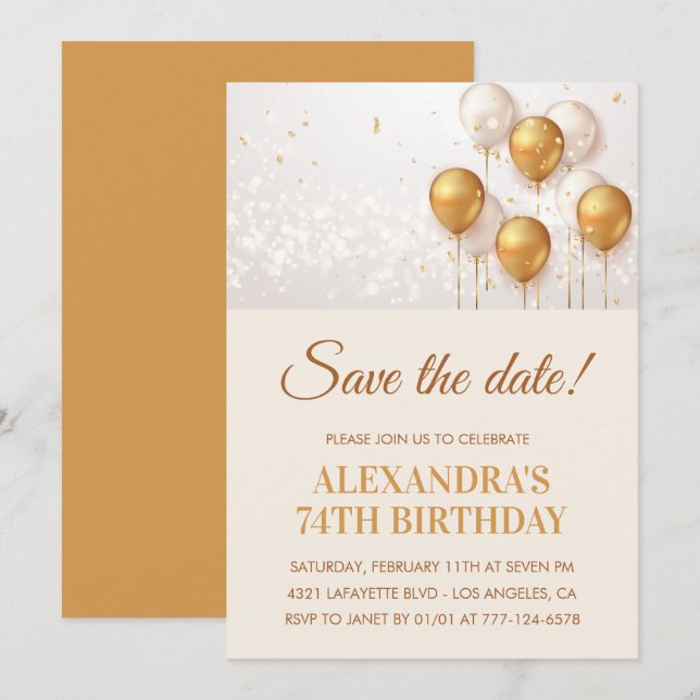 Moderne Goldballons Save the Date 74. Einladung (Vorne/Hinten)