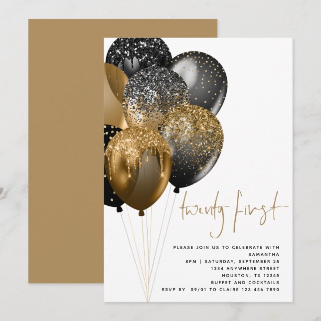 Moderne Goldballoons 21. Party Einladung (Vorne/Hinten)