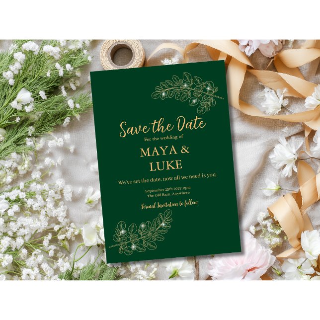 Moderne Goldblätter Smaragd Save The Date (Von Creator hochgeladen)