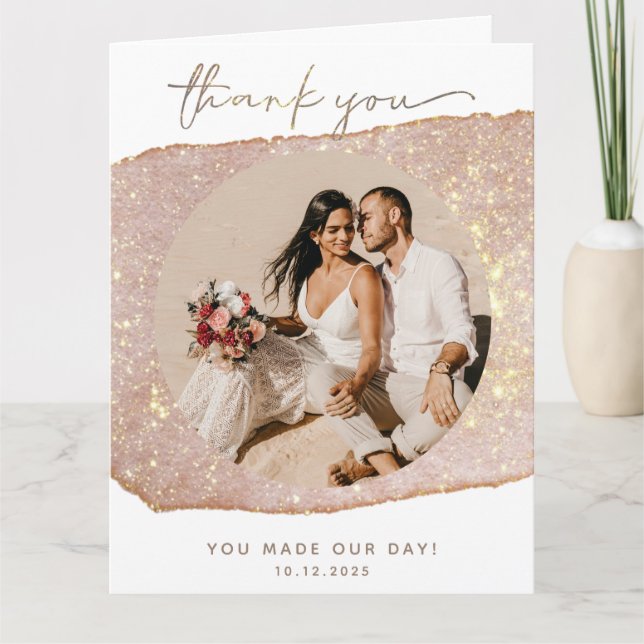 Moderne Goldblush-Glitzer-Foto-Hochzeit Dankeskarte (Vorderseite)