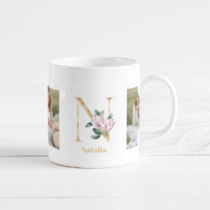 Moderne Goldbuchstabe N Blume Zwei-Foto-Monogram Kaffeetasse