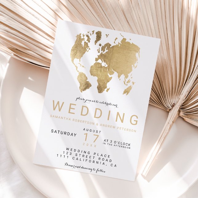 Moderne goldchic world map wedding einladung (Von Creator hochgeladen)