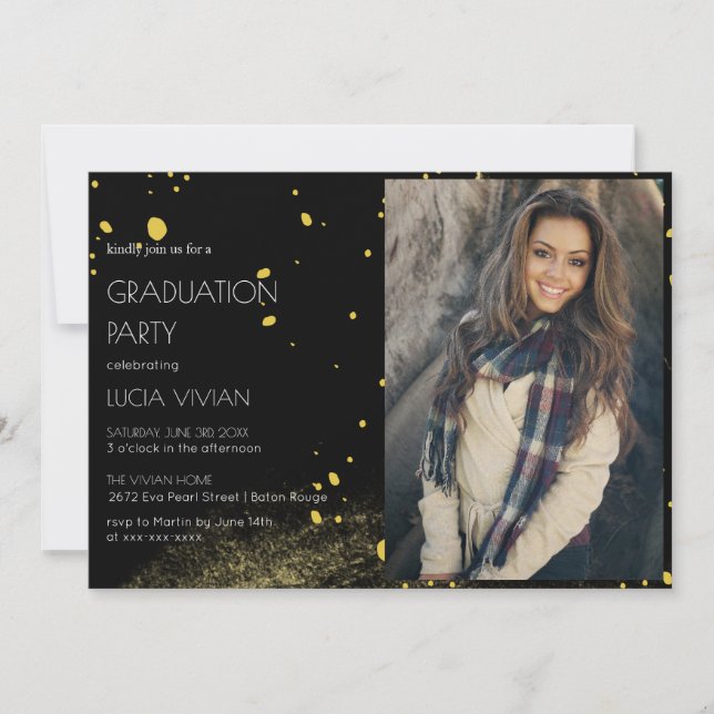 Moderne Golden Black Foto Graduation Party Einladung (Vorderseite)