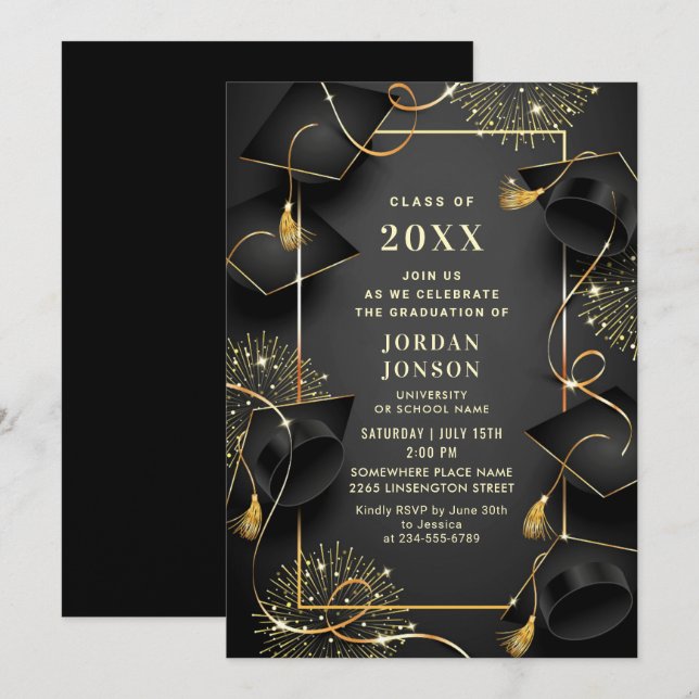 Moderne Golden Black Graduation Party Einladung (Vorne/Hinten)