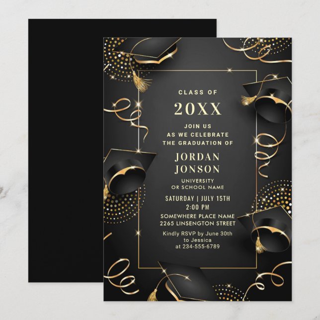 Moderne Golden Black Graduation Party Einladung (Vorne/Hinten)