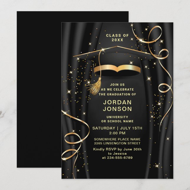 Moderne Golden Black Graduation Party Einladung (Vorne/Hinten)
