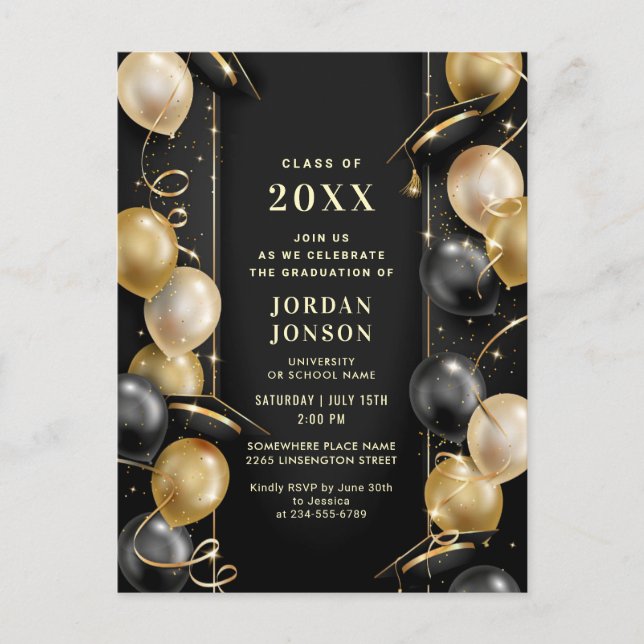 Moderne Golden Black Graduation Party Einladung Postkarte (Vorderseite)