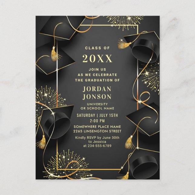 Moderne Golden Black Graduation Party Einladung QR Postkarte (Vorderseite)