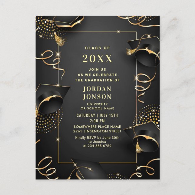 Moderne Golden Black Graduation Party Einladung QR Postkarte (Vorderseite)