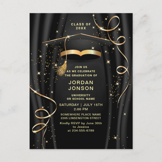 Moderne Golden Black Graduation Party Einladung QR Postkarte (Vorderseite)