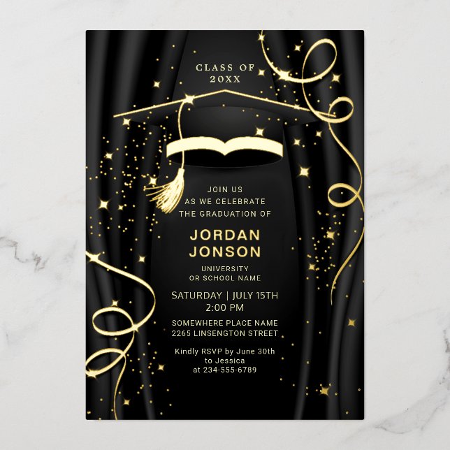 Moderne Golden Black Graduation Party Gold Folieneinladung (Vorderseite)