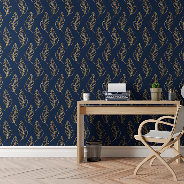 Moderne Golden Blätter Royal Blue Botanical Patter Tapete (Von Creator hochgeladen)