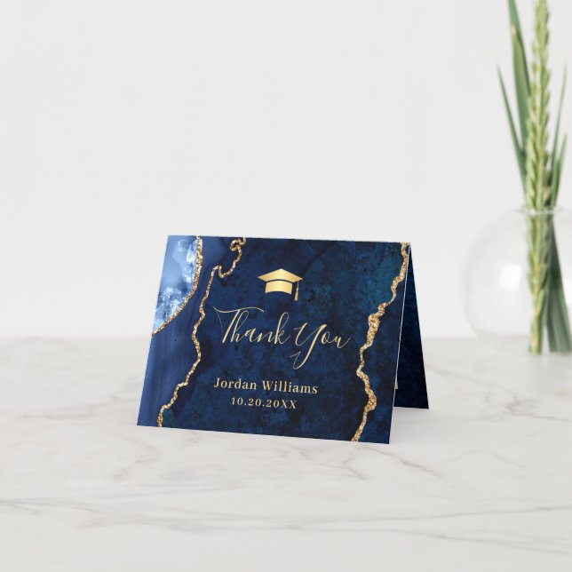 Moderne Golden Blue Marble Agate Graduation Party Dankeskarte (Vorderseite)