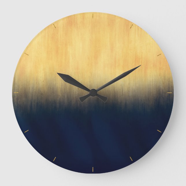 Moderne Golden Blue Pinselstriche Große Wanduhr (Vorderseite)