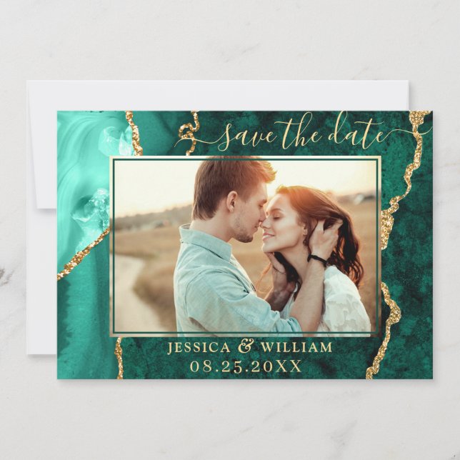 Moderne Golden Green Agate FOTO Hochzeit Save The Date (Vorderseite)