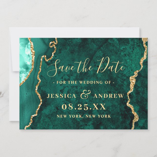 Moderne Golden Green Agate Marmorhochzeit Save The Date (Vorderseite)
