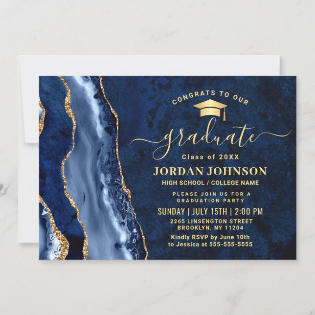 Moderne Golden Navy Blauer Marmor Graduation Party Einladung (Vorderseite)
